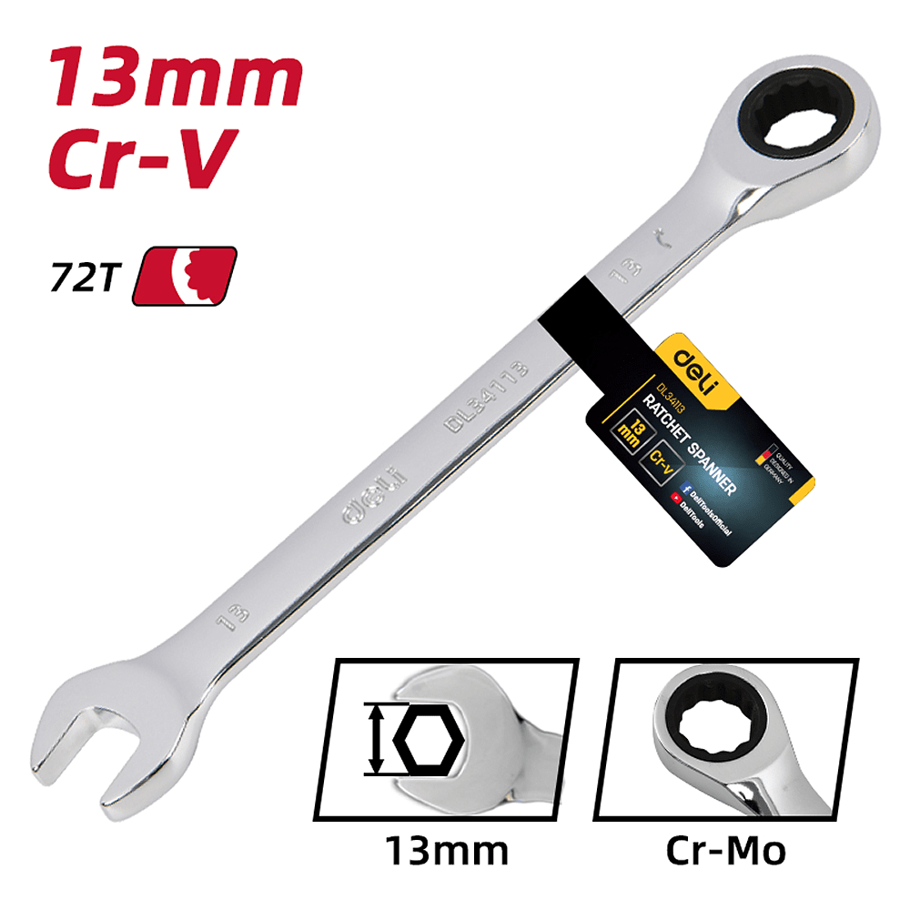 Ключ комбинированный Deli YS EDL34113, 13 мм, с трещоткой, 72 зуба - 6