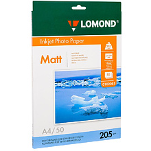 Фотобумага матовая для струйной фотопечати "Lomond", А4, 50 листов, 205 г/м2