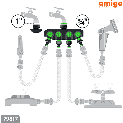 Разделитель потоков Amigo Grande "79817", 3/4-1", 4-х канальный, пластик, черный, зеленый - 5