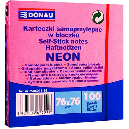 Бумага для заметок "Donau", 76x76 мм, 100 листов, розовый неон