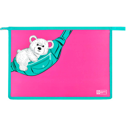 Папка для тетрадей "Мишка на сумке", А4, на молнии, пластик, розовый, бирюзовый - 5