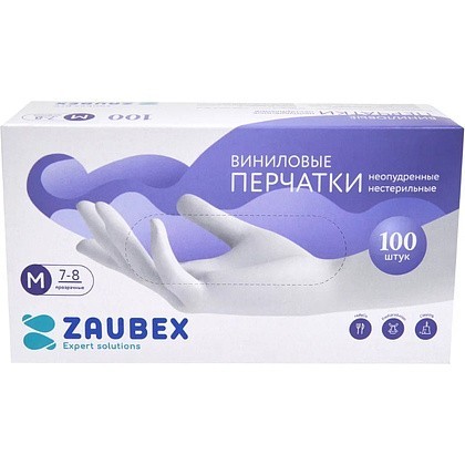 Перчатки виниловые Zaubex, одноразовые, р-р M, 100 шт/уп, прозрачный