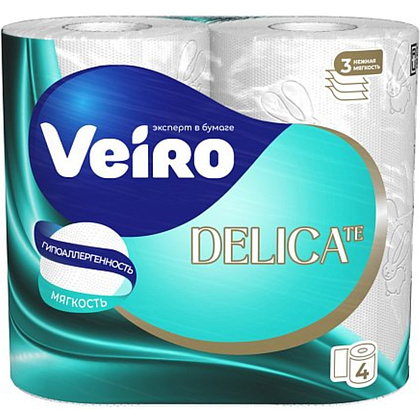Бумага туалетная Veiro Delicate, 4 рулона, 3 слоя, белый
