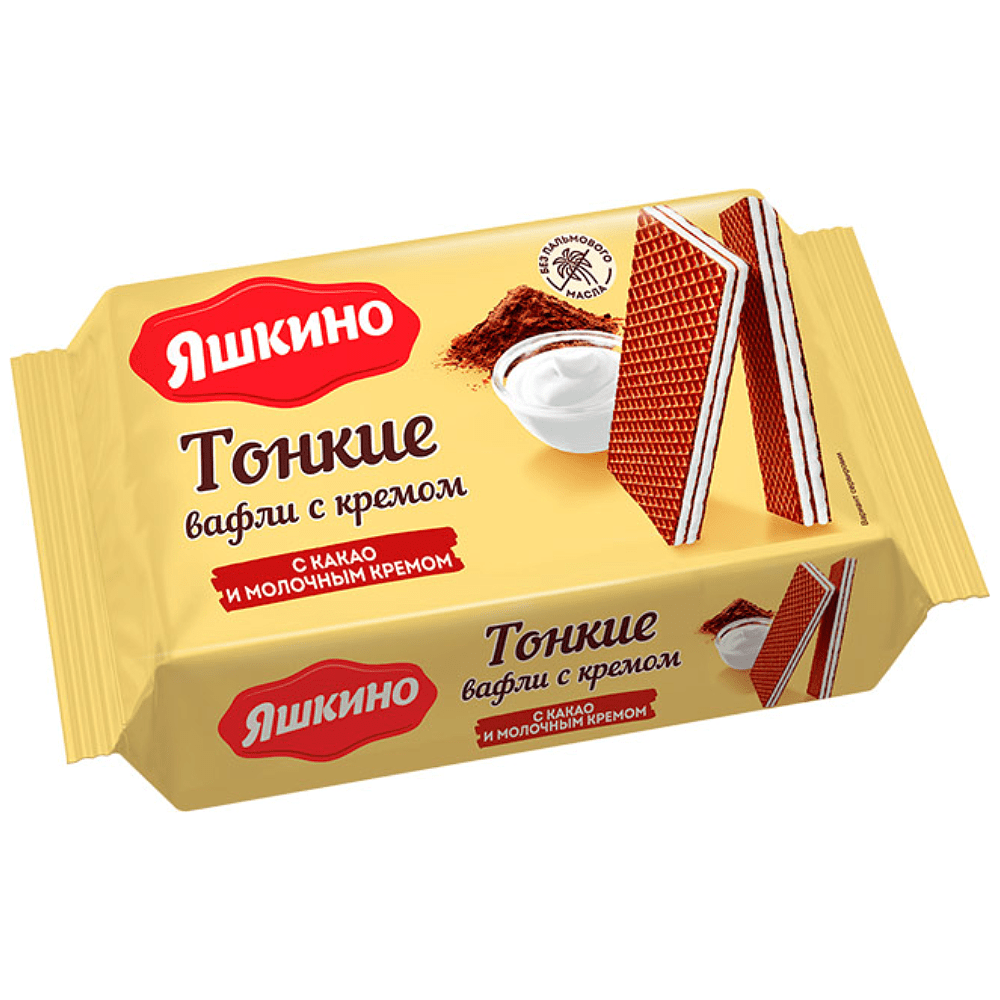 Вафли "Яшкино", 144 гр, тонкие с какао и молочным кремом