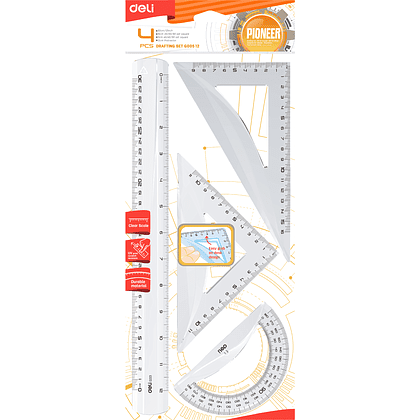 Набор чертежный "Deli EG00512": линейка 30 см, треугольник 45 и 60 гр, транспортир 180 гр, прозрачный