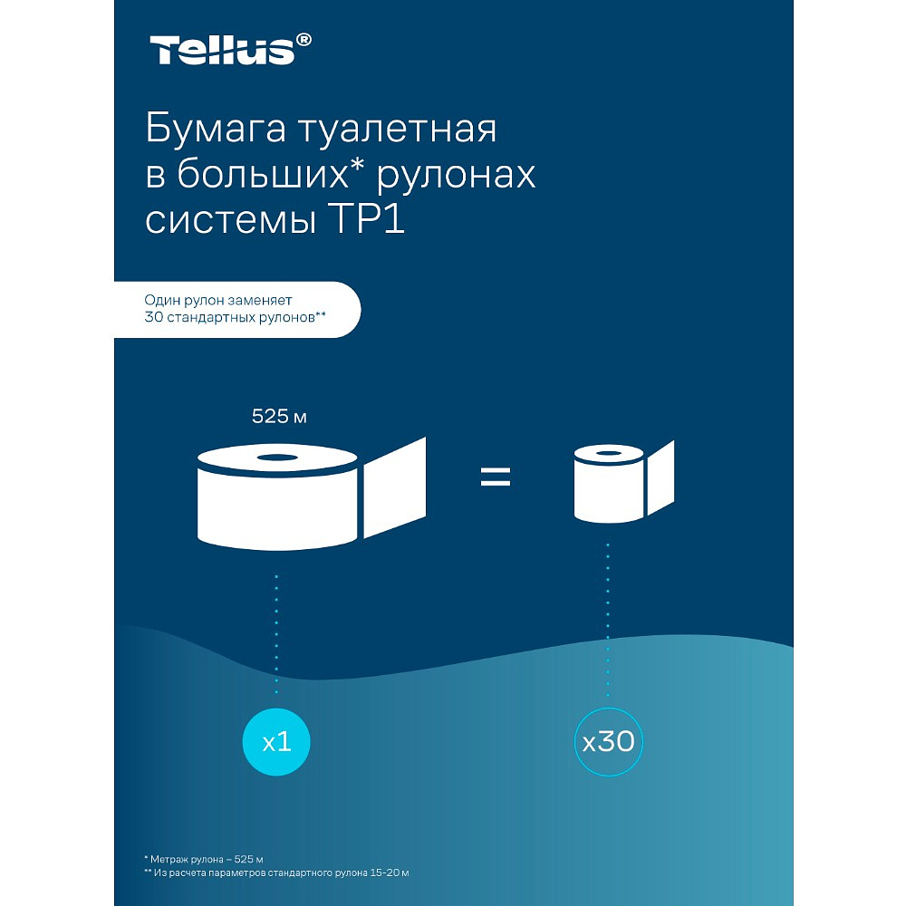 Бумага туалетная Tellus Стандарт ТP1, в больших рулонах, 525 м, 1 слой - 22