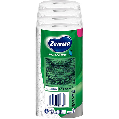 Бумага туалетная Zemma Natural Comfort, 8 рулонов, 3 слоя, белый - 5