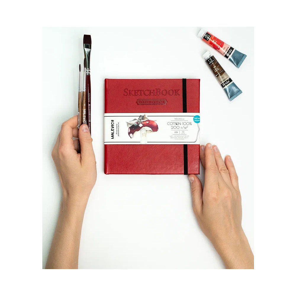 Скетчбук для акварели "Малевичъ", 14.5x14.5 см, 200 г/м2, 30 листов, красный - 11