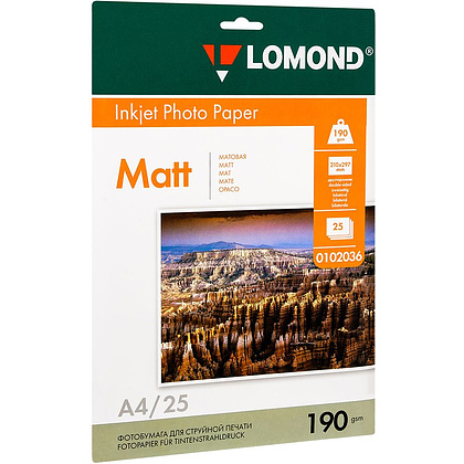 Фотобумага матовая для струйной фотопечати "Lomond", А4, 25 листов, 190 г/м2