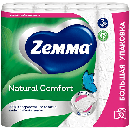 Бумага туалетная Zemma Natural Comfort, 32 рулона, 3 слоя, белый - 2
