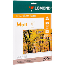 Фотобумага матовая для струйной фотопечати "Lomond", А4, 25 листов, 220 г/м2