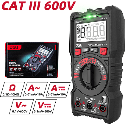 Мультиметр цифровой Deli RS EDL334302, 600В, универсальный - 9