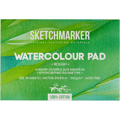 Блок бумаги для акварели "Sketchmarker", А4, 300 г/м2, 10 листов, крупнозернистая