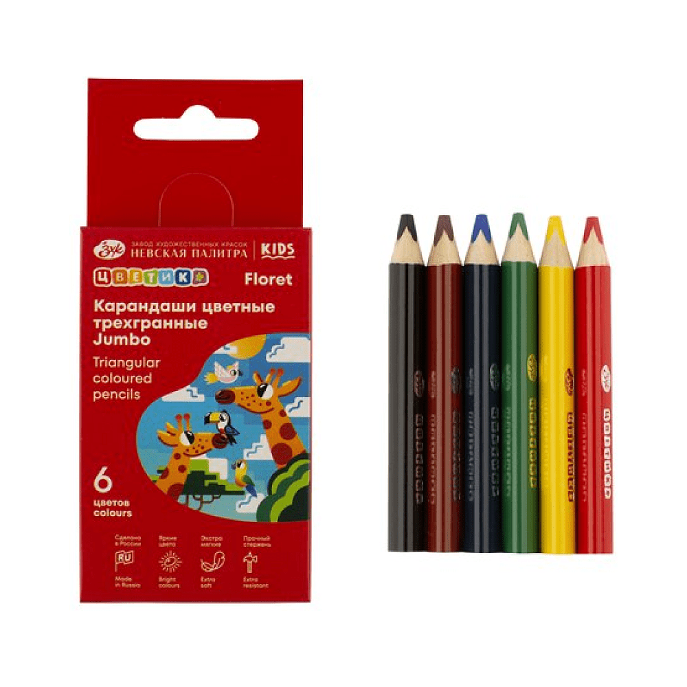 Цветные карандаши "Цветик Джамбо", трехгранные, 6 шт.