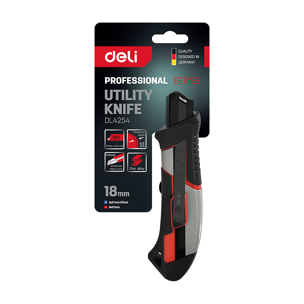 Нож строительный Deli YS DL4254, 18 мм, прорезиненная рукоятка, серебристый, черный - 6