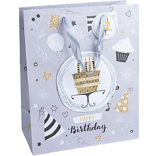 Пакет бумажный подарочный "С днем рождения", 26.4x32.4x13.7 см, ассорти