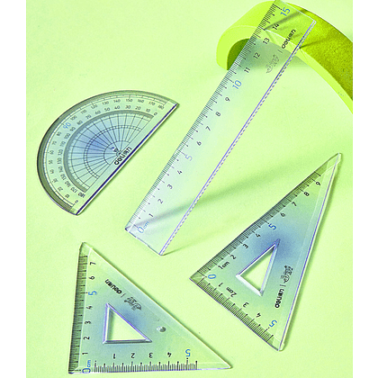 Набор чертежный "Deli VC158": линейка 15 см, треугольник 45 и 60 гр, транспортир 180 гр, ассорти - 3