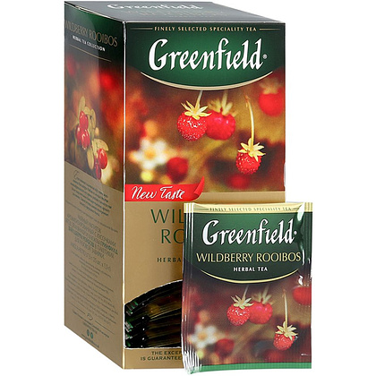 Чай "Greenfield" Wildberry Rooibos, 25 пакетиков x1.5 г, черный, с кусочками земляники и клюквы