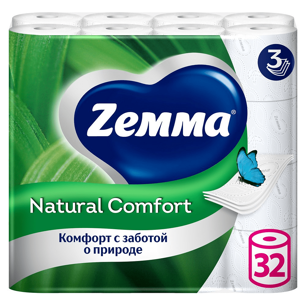 Бумага туалетная Zemma Natural Comfort, 32 рулона, 3 слоя, белый