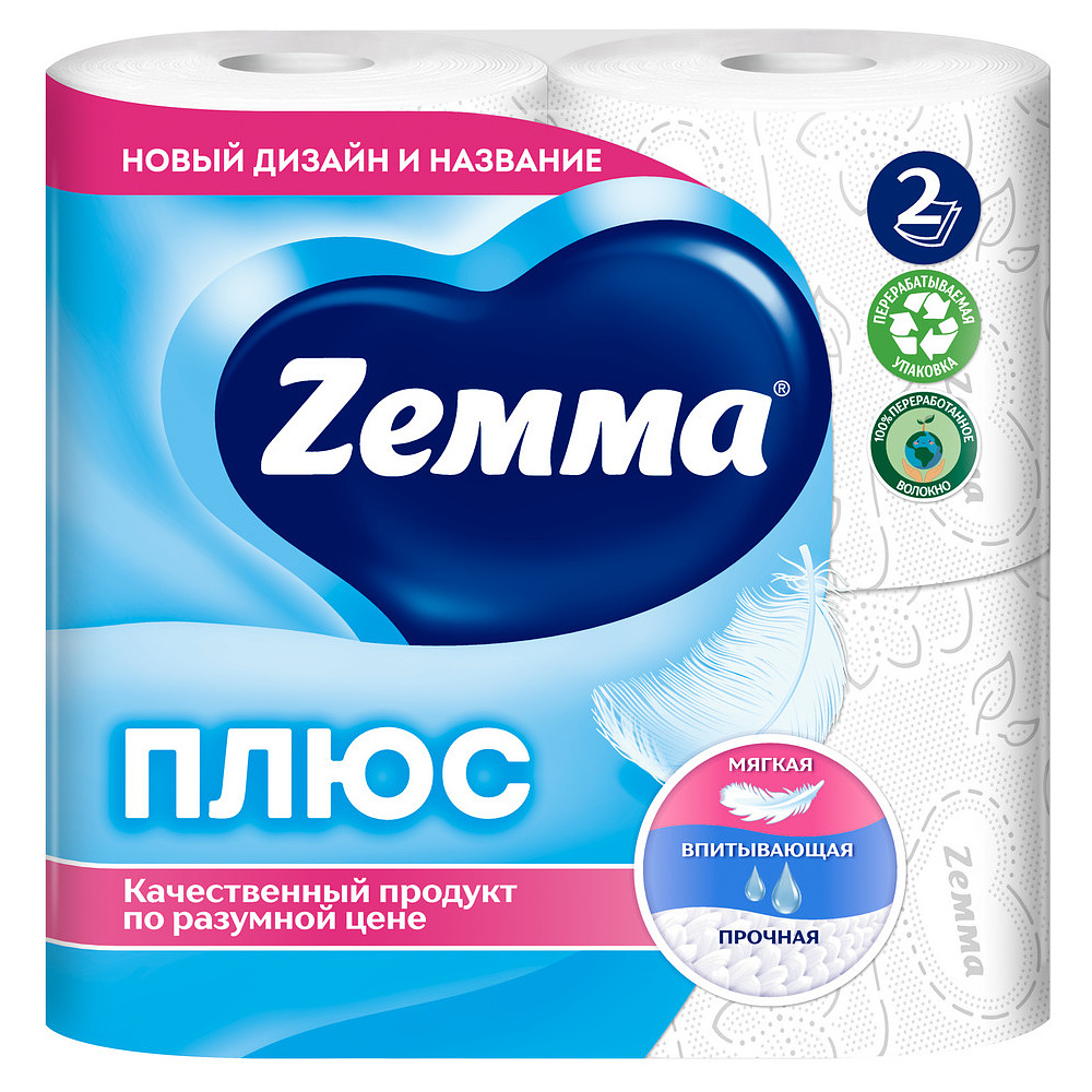 Бумага туалетная Zemma Плюс, 4 рулона, 2 слоя, белый - 2