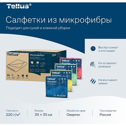 Салфетка из микроволокна Tellus, 220 гр/м2, 35х35см, 5шт/упак, синий - 4