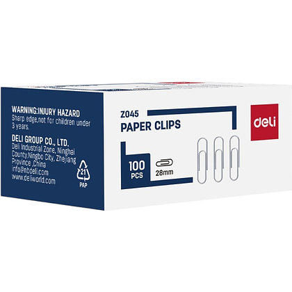 Скрепки "Deli", 28 мм, 100 шт., серебристый