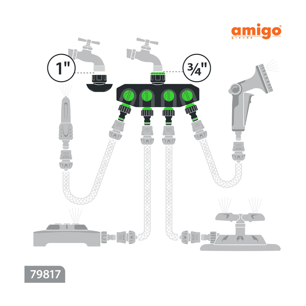 Разделитель потоков Amigo Grande "79817", 3/4-1", 4-х канальный, пластик, черный, зеленый - 5