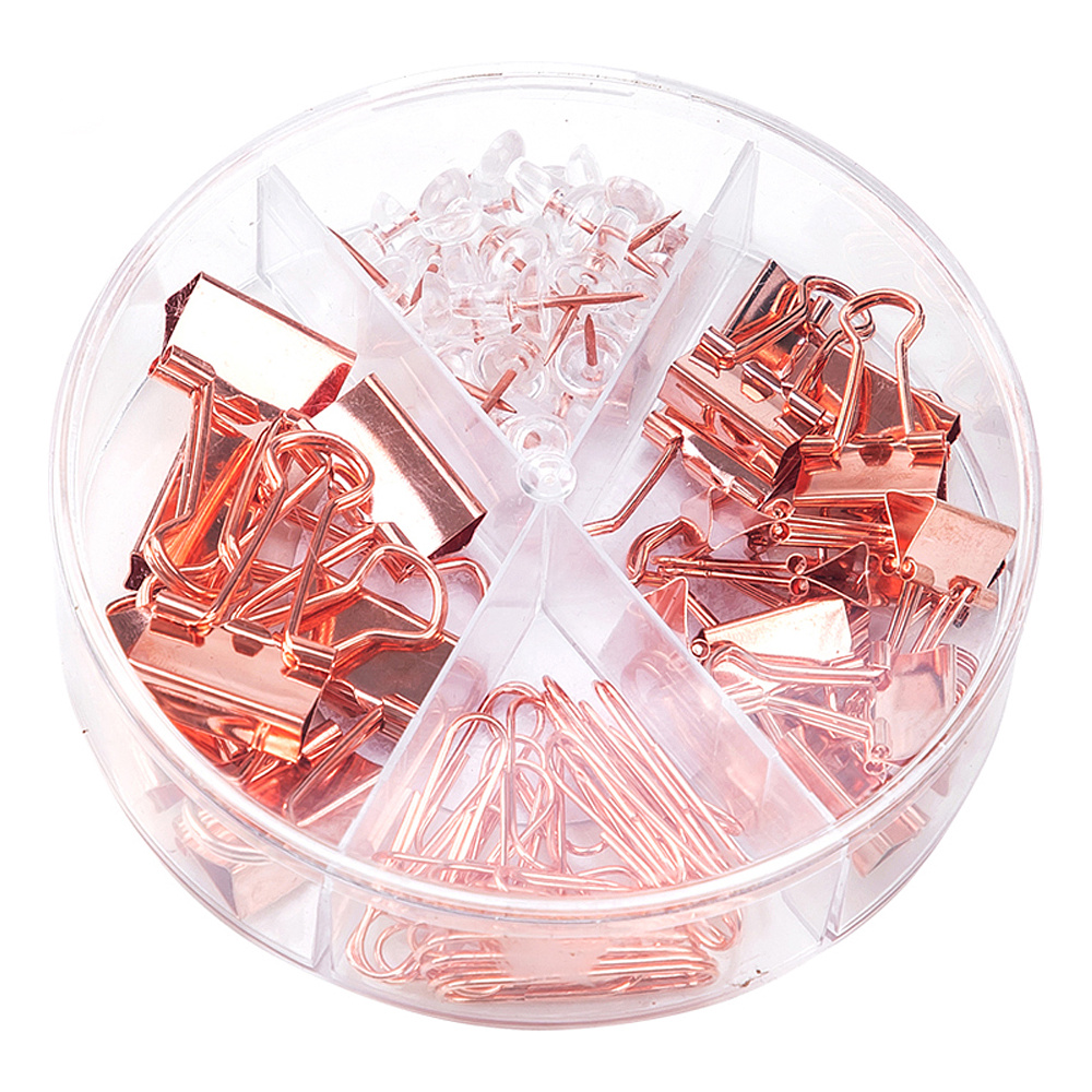 Набор канцелярский "Deli" зажимы+скрепки+кнопки, розовое золото