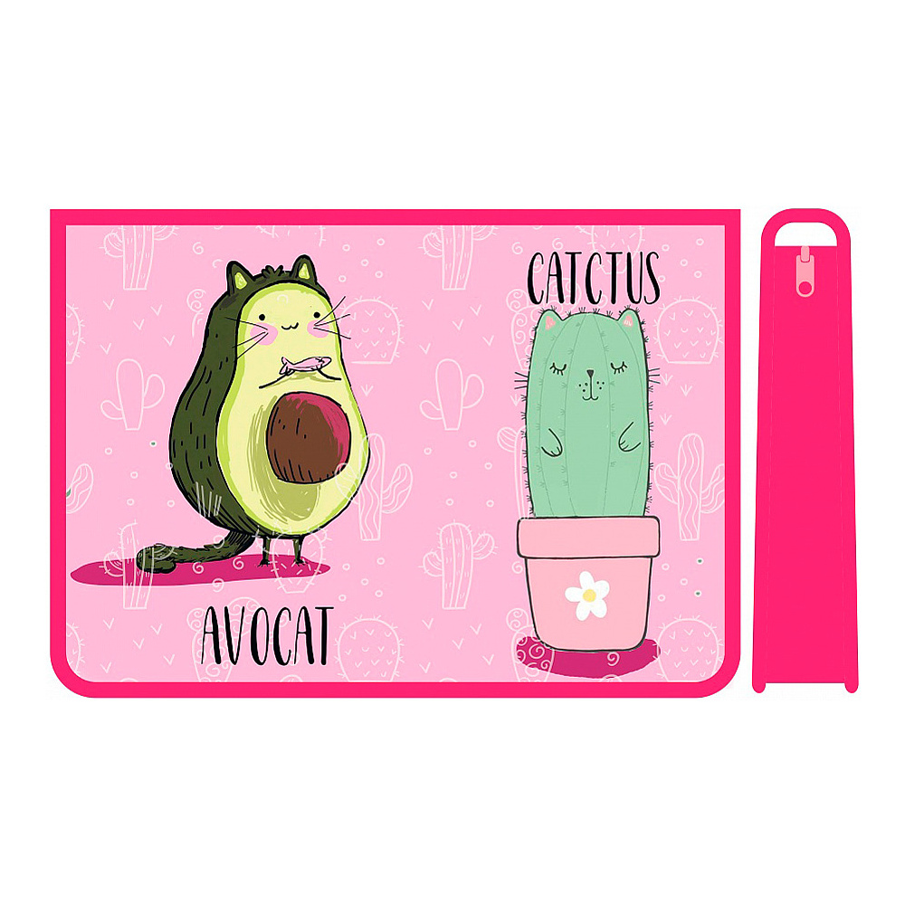 Папка для труда "Кот-авокадо", А4, на молнии, пластик, розовый