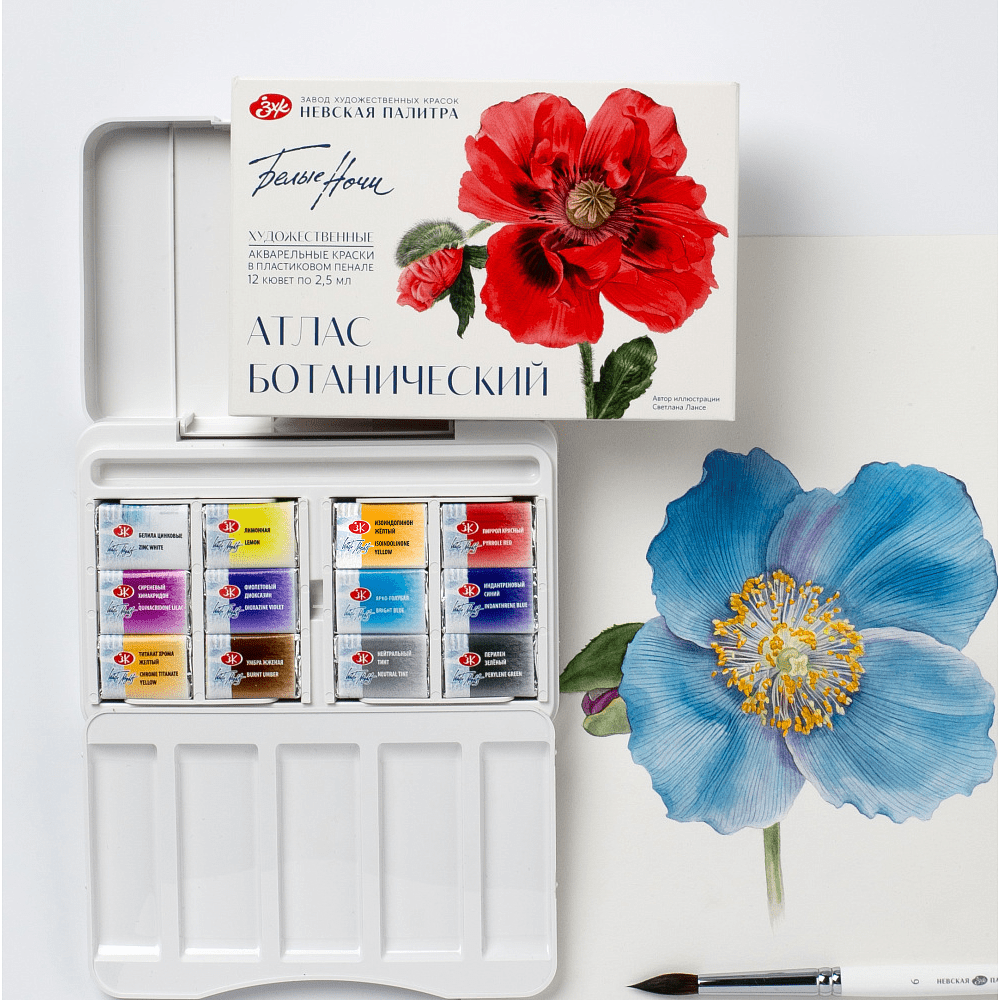 Краски акварельные "Белые ночи Ботанический атлас", набор 12 цветов, кюветы - 6