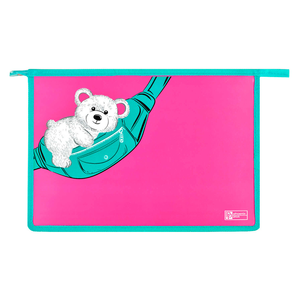 Папка для тетрадей "Мишка на сумке", А4, на молнии, пластик, розовый, бирюзовый - 5