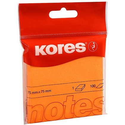 Бумага для записей на клейкой основе "Kores", 75x75 мм, 100 листов, оранжевый неон