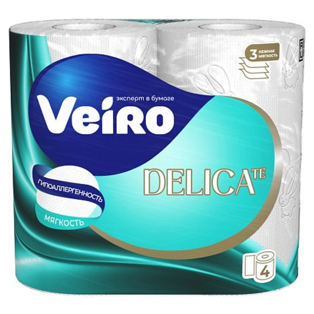 Бумага туалетная Veiro Delicate, 4 рулона, 3 слоя, белый
