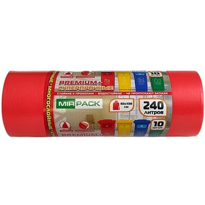 Мешки для мусора Mirpack Premium+, 240 л, ПВД, 45 мкм, 93х130 см, 10 шт/рулон, красный