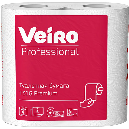 Бумага туалетная Veiro Professional Premium, в стандартных рулонах, 4 рулона, 50 м, 2 слоя