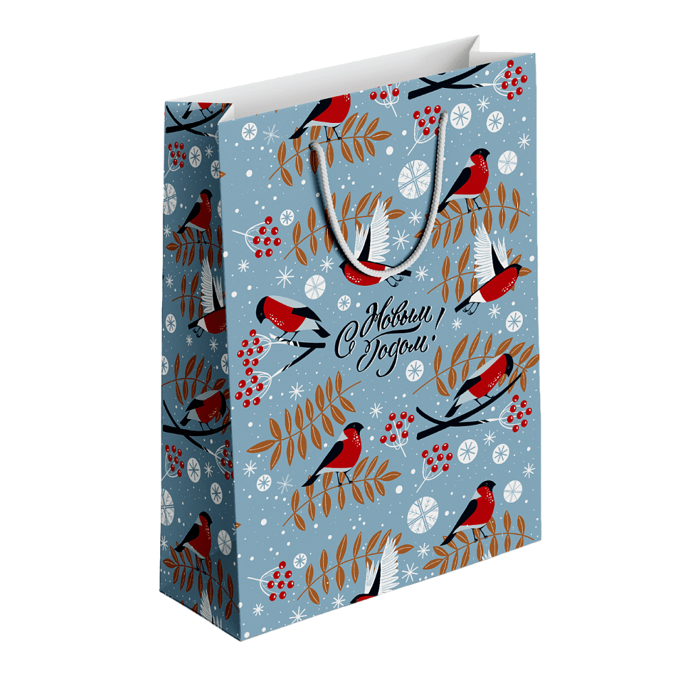 Пакет бумажный подарочный "Frost. Снегири", 32х49х12 см, голубой