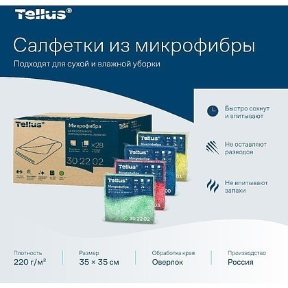 Салфетка из микроволокна Tellus, 220 гр/м2, 35х35см, 5шт/упак, зеленый - 4