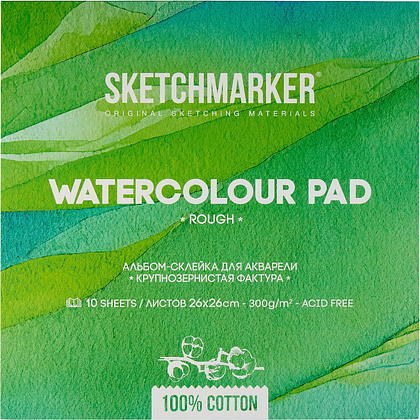 Блок бумаги для акварели "Sketchmarker", 26x26 см, 300 г/м2, 10 листов, крупнозернистая