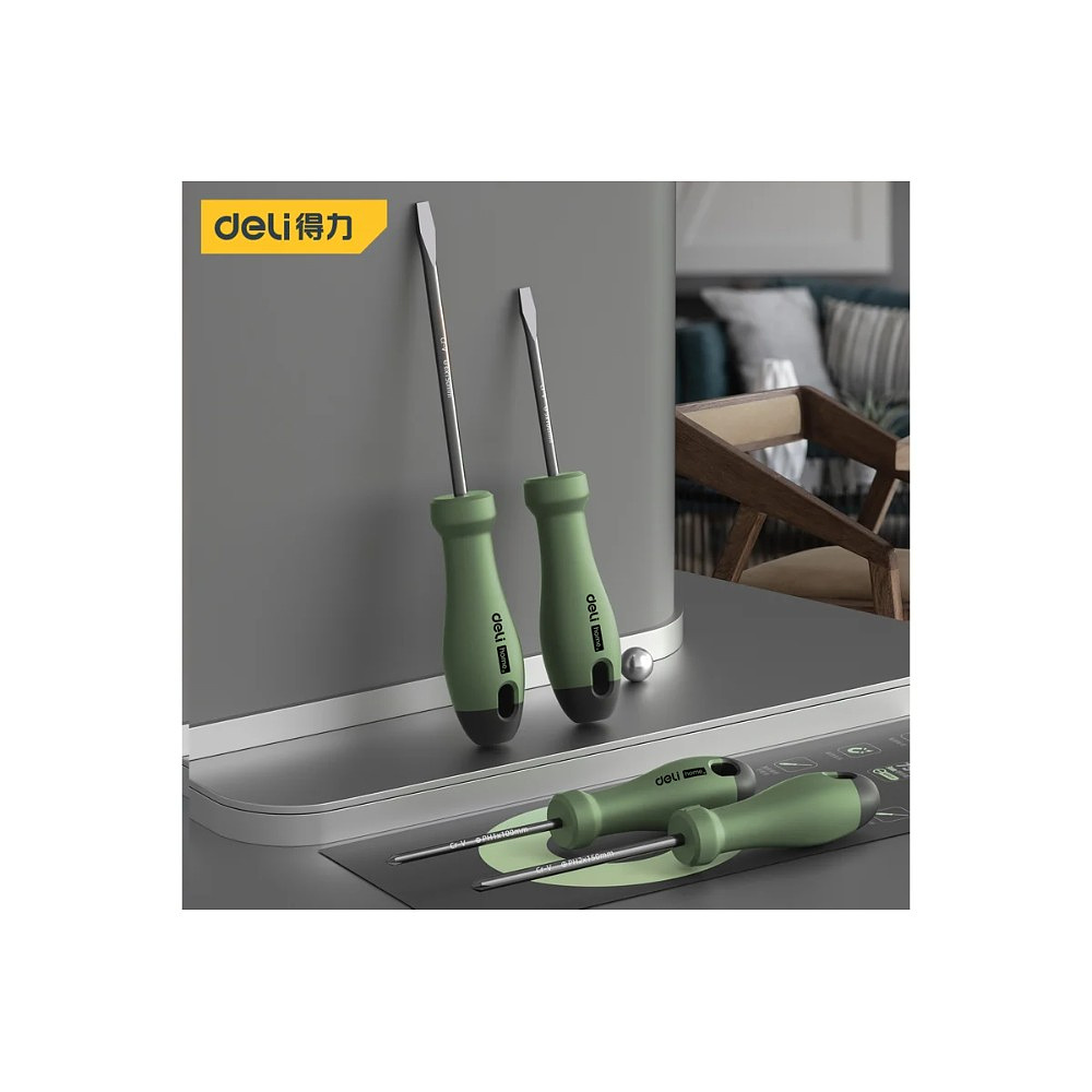 Набор отверток Deli HS HT1004L, 4 шт. ( PH1х100,PH2х150,SL5х100,SL6х150), Soft Touch, зеленый - 5