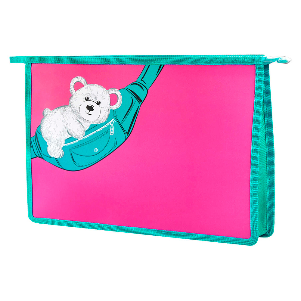 Папка для тетрадей "Мишка на сумке", А4, на молнии, пластик, розовый, бирюзовый