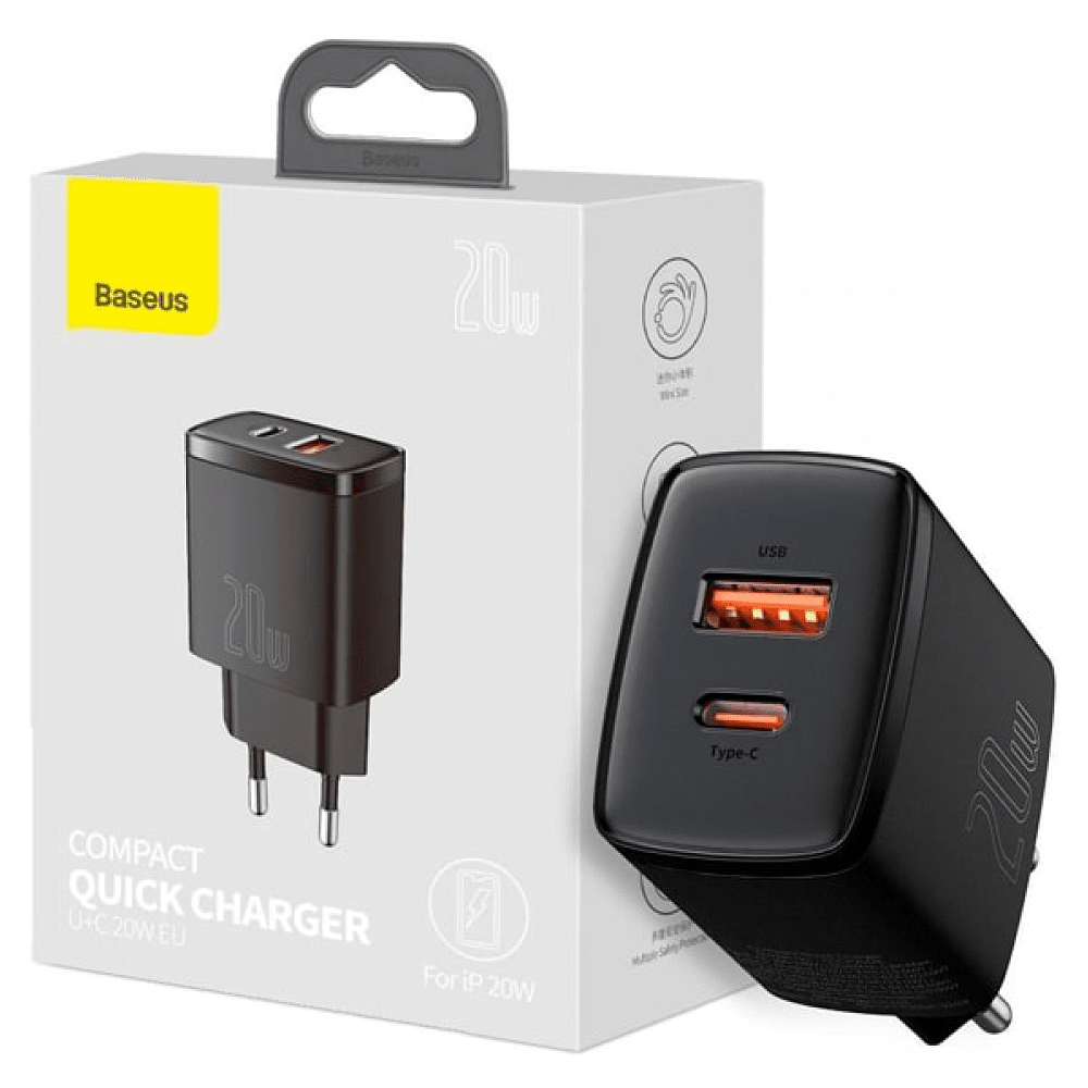 Сетевое зарядное устройство Baseus "CCXJ-B01", Compact Quick Charger USB+Type-C 20W, черный - 3