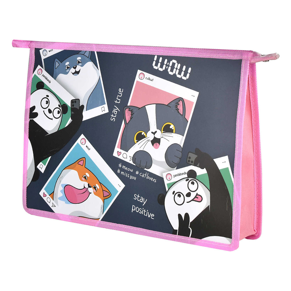 Папка для тетрадей "Селфи", А4, на молнии, пластик, серый, розовый