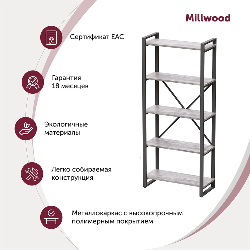 Стеллаж Millwood "Loft CH-3", 800х350х1820 мм, черный, табачный крафт - 3