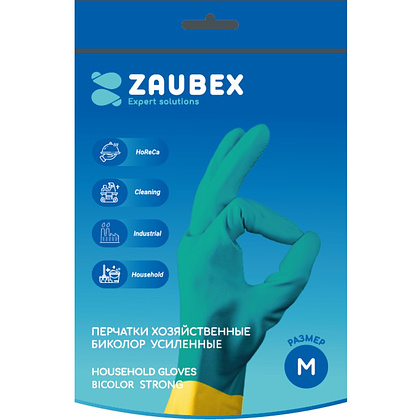 Перчатки латексные хозяйственные Zaubex БИКОЛОР, усиленные, р-р M, зеленый, желтый