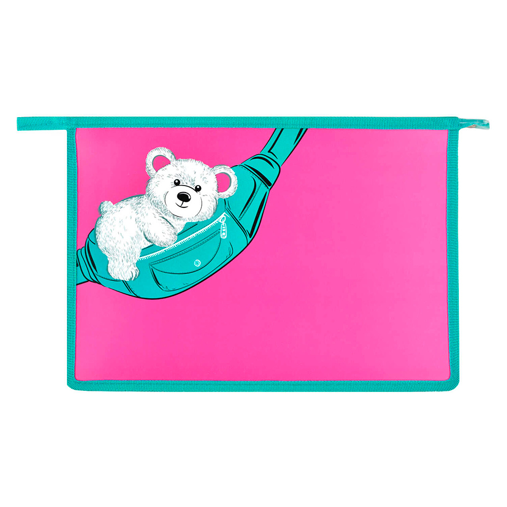 Папка для тетрадей "Мишка на сумке", А4, на молнии, пластик, розовый, бирюзовый - 2