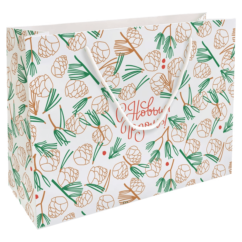 Пакет бумажный подарочный "Holidays. Шишки", 36х26х12 см, белый