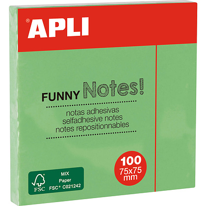 Бумага для заметок на клейкой основе "Funny notes", 75x75 мм, 100 листов, зеленый пастель