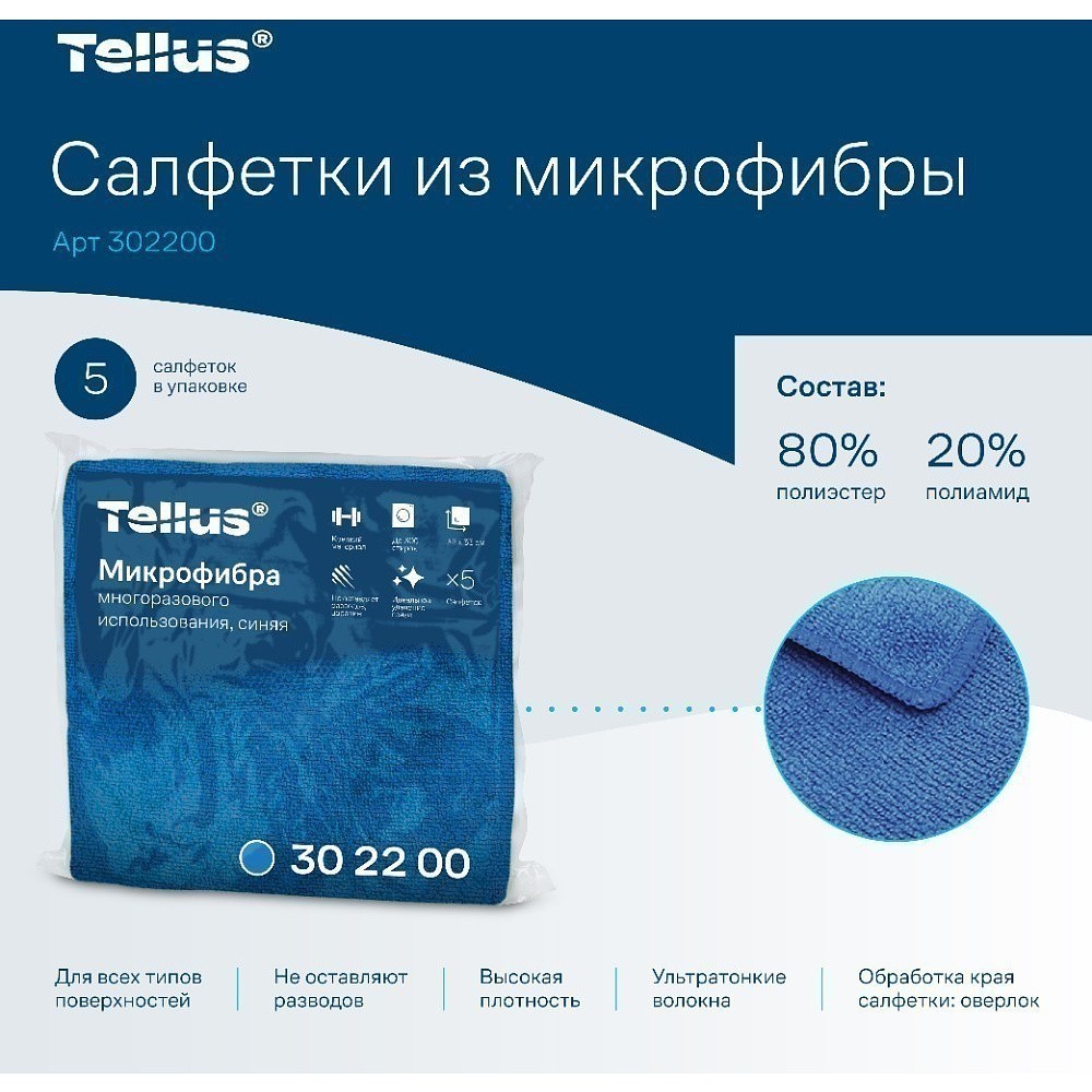 Салфетка из микроволокна Tellus, 220 гр/м2, 35х35см, 5шт/упак, синий - 3