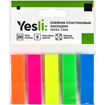 Закладки пластиковые "Yesli:", 12х45 мм, 5 цветов х 20 шт., ассорти неон