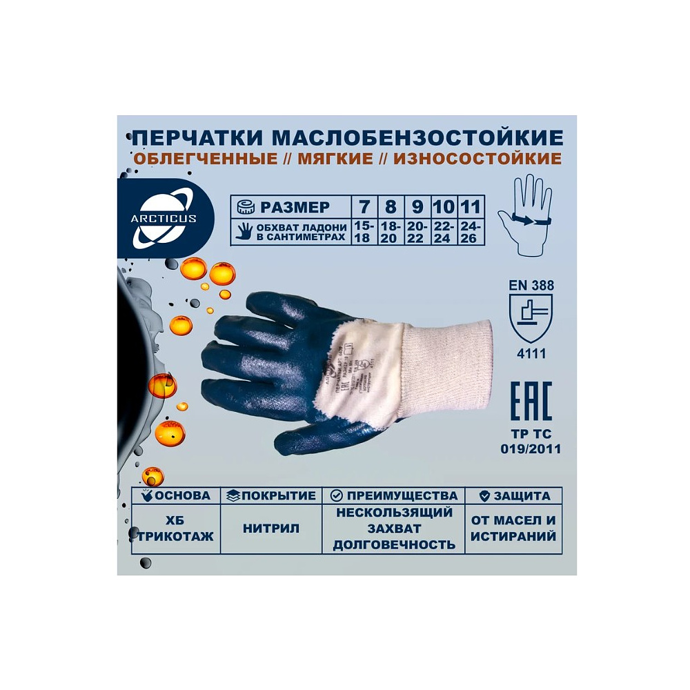 Перчатки трикотажные х/б с частичным нитриловым покрытием Arcticus, манжет резинка, р-р 8, синий - 2